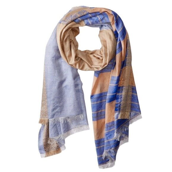 NWT Saachi Large Scarf Silk Blend Tan Blue Brocade Stripes Fringe Boho Lagenlook - Picture 4 of 12
